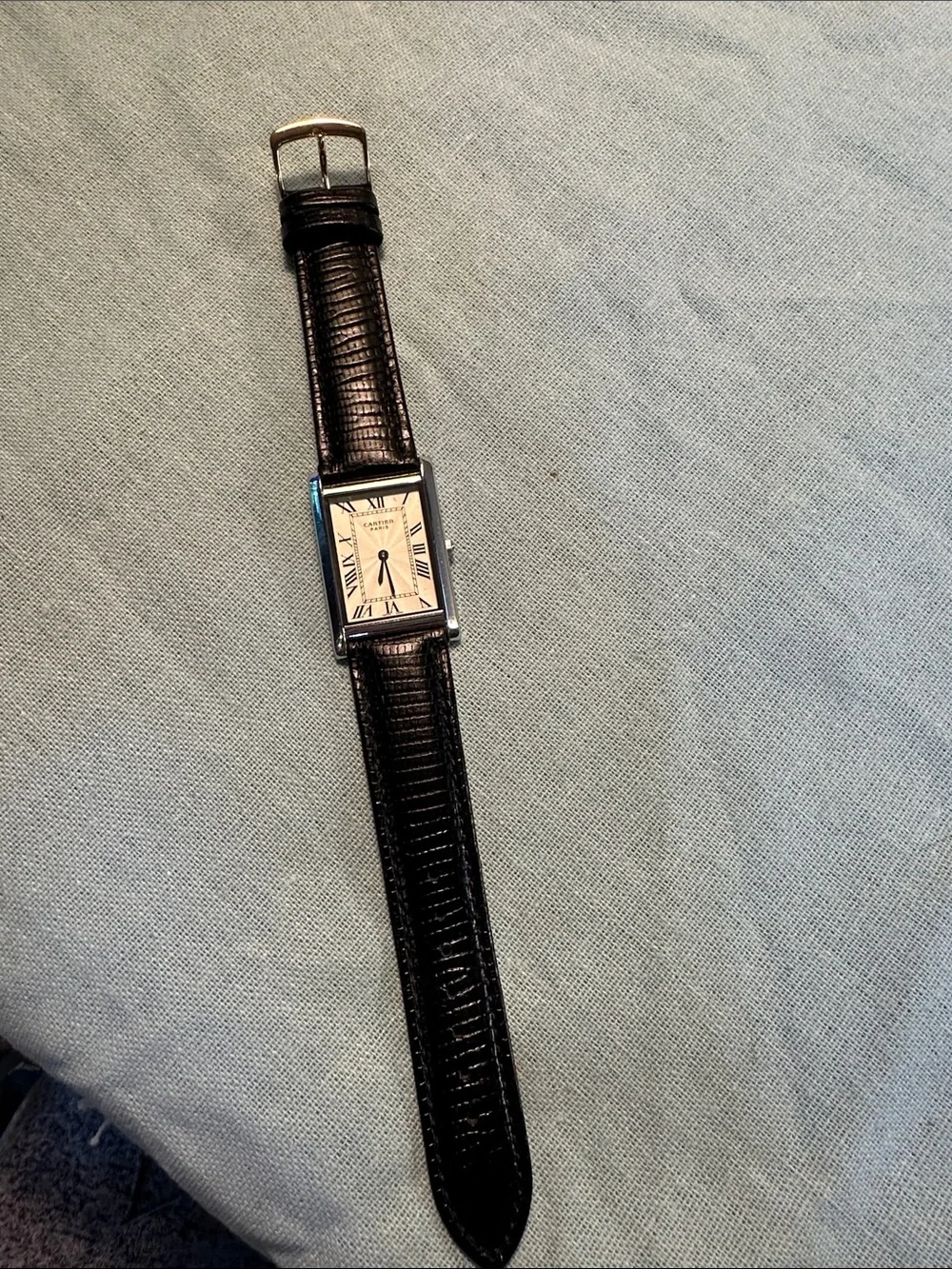 Cartier Silver Rectangular Watch with Black Strap